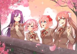 Rule 34 | 4girls, :d, absurdres, blue eyes, bow, brown hair, cherry blossoms, commentary, crossed arms, doki doki literature club, english commentary, gomi (gomiko art), green eyes, grey jacket, hair between eyes, hair bow, hair ornament, hair ribbon, hairclip, hand on own chest, hand up, highres, jacket, long hair, long sleeves, looking at viewer, looking away, monika (doki doki literature club), multiple girls, natsuki (doki doki literature club), neck ribbon, one eye closed, open mouth, petals, pink eyes, pink hair, ponytail, purple eyes, purple hair, red bow, red ribbon, ribbon, sayori (doki doki literature club), school uniform, short hair, sidelocks, smile, swept bangs, tree, two side up, very long hair, white ribbon, yuri (doki doki literature club)