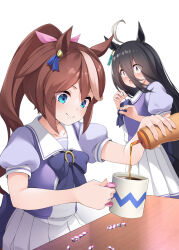 Rule 34 | 2girls, ahoge, animal ears, black hair, blue eyes, brown hair, closed mouth, coffee mug, collarbone, commentary request, cup, hair between eyes, hair ornament, highres, holding, honey, horse ears, horse tail, long hair, looking at another, manhattan cafe (umamusume), mofu namako, mug, multiple girls, open mouth, ponytail, school uniform, simple background, smile, sugar (food), surprised, table, tail, tokai teio (umamusume), tracen school uniform, umamusume, white background, yellow eyes