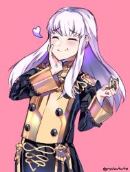 Rule 34 | 1girl, closed mouth, cookie, eating, epaulettes, closed eyes, fire emblem, fire emblem: three houses, food, graysheartart, heart, holding, long hair, long sleeves, lysithea von ordelia, nintendo, pink background, simple background, solo, twitter username, uniform, upper body, white hair