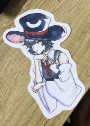 Rule 34 | 1other, androgynous, bare shoulders, black coat, black eyes, black hair, black hat, bow, bowtie, calligraphy brush, coat, collared shirt, commentary, detached sleeves, enraku tsubakura, eye of senri, hand on own chin, hand on own elbow, hat, highres, holding, holding calligraphy brush, holding paintbrush, jishixingle1029, len&#039;en, long sleeves, looking ahead, marker (medium), other focus, paintbrush, parted lips, photo (medium), pink hat, red bow, red bowtie, ribbon-trimmed coat, ribbon trim, shirt, short hair, sleeveless, sleeveless coat, sleeveless shirt, solo, symbol-only commentary, top hat, traditional media, two-tone headwear, upper body, white shirt, white sleeves, wide brim, wide sleeves