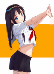 Rule 34 | 1girl, arms up, black hair, black sailor collar, black skirt, blue eyes, closed mouth, cowboy shot, crop top, crop top overhang, highres, itachi kanade, long hair, looking at viewer, looking to the side, midriff, miniskirt, navel, neckerchief, original, outstretched arms, pleated skirt, red neckerchief, sailor collar, school uniform, serafuku, shirt, short sleeves, sidelocks, skirt, smile, solo, stomach, stretching, two-tone background, white shirt