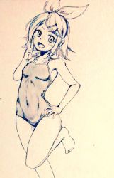 Rule 34 | 1girl, alternate costume, bare legs, barefoot, breasts, commentary request, competition school swimsuit, d-m (dii emu), eyelashes, greyscale, hair ribbon, hairband, hand on own hip, kagamine rin, long sleeves, looking at viewer, monochrome, open mouth, ribbon, school swimsuit, short hair, small breasts, swimsuit, toes, vocaloid, wide sleeves