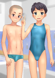Rule 34 | 1boy, 1girl, absurdres, androgynous, aqua one-piece swimsuit, bald spot, black hair, blue eyes, blue male swimwear, blue one-piece swimsuit, blue swim briefs, bulge, collarbone, commentary request, competition swimsuit, cowboy shot, highres, looking at viewer, male swimwear, navel, one-piece swimsuit, open mouth, original, short hair, speedo (company), standing, swim briefs, swimsuit, takafumi, v