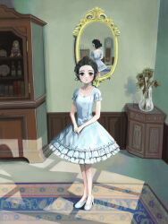 Rule 34 | 1girl, absurdres, black eyes, black hair, clock, different reflection, doll, dress, grandfather clock, high heels, highres, indoors, looking at viewer, mirror, okura lino, original, reflection, solo, vase, white dress, white footwear
