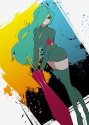 Rule 34 | 1girl, abstract background, aqua hair, armband, breasts, cross, cross necklace, dress, enisabi, hair over eyes, hand on own hip, highres, jewelry, long hair, long legs, looking to the side, medium breasts, necklace, open mouth, parasoul (skullgirls), sabi, skullgirls, solo, standing, sweater, thighhighs, turtleneck, turtleneck sweater, umbrella, yellow eyes