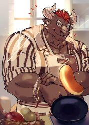 Rule 34 | 1boy, animal ears, apron, bara, bracelet, brown fur, cow ears, cow horns, facial hair, flipping food, food, furry, furry male, goatee stubble, gyumao (housamo), heart, highres, holding pan, horns, indoors, jewelry, looking at viewer, male focus, minotaur, muscular, muscular male, nanaisan (713), necklace, one eye closed, red hair, scar, scar on face, scar on nose, shirt, short hair, signature, solo, sparkle, striped clothes, striped shirt, stubble, thick eyebrows, tokyo houkago summoners, upper body, vertical-striped clothes, vertical-striped shirt
