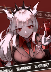 Rule 34 | 1girl, absurdres, alcohol, black necktie, blunt bangs, breasts, collared shirt, commentary, cup, demon, demon girl, demon horns, drinking glass, gloves, helltaker, highres, holding, holding cup, horns, jacket, large breasts, long hair, lucifer (helltaker), mole, mole under eye, necktie, red background, red eyes, red shirt, shirt, sign, smile, solo, symbol-only commentary, upper body, warning sign, wine, wine glass, wny (wnys art)