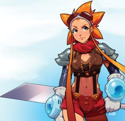 Rule 34 | 1girl, arm behind back, armor, bandana, breasts, cleavage, crop top, cryamore, cryamore condenser, detached sleeves, esmyrelda maximus, freckles, gloves, goggles, goggles on head, lips, long hair, matching hair/eyes, midriff, navel, neckerchief, official art, orange eyes, orange hair, pauldrons, robaato, shorts, shoulder armor, sidelocks, solo, spiked hair, suspenders, sword, weapon, white gloves