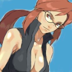 Rule 34 | 1girl, :|, blue background, breasts, brown eyes, brown hair, cleavage, closed mouth, creatures (company), elite four, game freak, glasses, large breasts, long hair, lorelei (pokemon), lowres, nintendo, open clothes, open shirt, pokemon, ponytail, shirt, simple background, sleeveless, solo