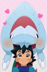 Rule 34 | 1boy, affectionate, ash ketchum, biting, black hair, blush, bodysuit, brown eyes, closed mouth, commentary request, covered collarbone, creatures (company), diving suit, dracovish, game freak, gen 8 pokemon, gradient background, head biting, heart, highres, male focus, nintendo, pink background, pokemon, pokemon (anime), pokemon (creature), pokemon journeys, rei hinketsu, short hair, smile, wetsuit