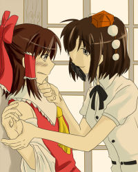 Rule 34 | 2girls, blush, brown hair, detached sleeves, eye contact, feathers, female focus, grabbing another&#039;s chin, hakurei reimu, hand on another&#039;s chin, hat, japanese clothes, long hair, looking at another, miko, multiple girls, sento (iroiro gottani), shameimaru aya, tokin hat, touhou, yuri