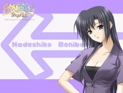 Rule 34 | 00s, 1girl, benibara nadeshiko, black hair, black shirt, blouse, breasts, brown eyes, business suit, character name, cleavage, copyright name, dated, formal, hand on own hip, head tilt, letterboxed, long hair, mature female, official art, official wallpaper, parted bangs, shirt, shuffle!, solo, strapless, suit, teacher, tube top, very long hair, wallpaper, white background