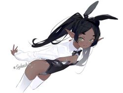 1girl alternate_costume alternate_hair_color alternate_skin_color animal_ears artist_name black_bow black_bowtie black_leotard black_wash bow bowtie commentary cropped_legs dark-skinned_female dark_skin elf english_commentary fake_animal_ears frieren green_eyes highres leotard long_sleeves looking_at_viewer oversized_breast_cup playboy_bunny pointy_ears rabbit_ears shrug_(clothing) simple_background smile solo sousou_no_frieren standing sydus thighhighs twintails twitter_username white_background white_shrug white_thighhighs