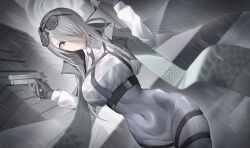 Rule 34 | 1girl, absurdres, arturaxia, blue archive, braid, breasts, coat, coat on shoulders, collared shirt, covered navel, dragon print, dress shirt, dual wielding, eyewear on head, gloves, grey coat, grey gloves, grey hair, grey pants, gun, hair ornament, hair over one eye, hair rings, hair stick, halo, high-waist pants, highres, holding, long hair, long sleeves, looking at viewer, medium breasts, mina (blue archive), necktie, pants, ponytail, purple eyes, shirt, sidelocks, striped, striped coat, sunglasses, thigh strap, thighs, underbust, vertical-striped coat, weapon, white shirt