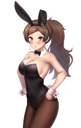Rule 34 | 1girl, animal ears, black bow, black bowtie, black pantyhose, bow, bowtie, breasts, brown hair, cleavage, cowboy shot, detached collar, fake animal ears, greenteamousou, highres, idolmaster, idolmaster million live!, kitazawa shiho, large breasts, leotard, long hair, pantyhose, parted bangs, playboy bunny, rabbit ears, rabbit tail, simple background, solo, strapless, strapless leotard, tail, white background, wrist cuffs, yellow eyes