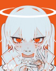 Rule 34 | 1girl, absurdres, angel, artist name, blood, blood on face, blush, choker, clenched teeth, commentary, grimace, hair between eyes, hair intakes, halo, hands up, high collar, highres, jacket, jitome, long hair, monochrome, open clothes, open jacket, orange background, orange blood, orange eyes, orange theme, original, portrait, removing glove, sidelocks, solo, straight-on, striped clothes, striped sweater, sweater, teeth, tsurime, turtleneck, twintails, zawa (gumibusoku), zipper