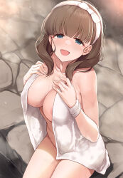 Rule 34 | 1girl, areola slip, armpit crease, blush, breasts, brown hair, cleavage, collarbone, completely nude, covering privates, hairband, highres, idolmaster, idolmaster cinderella girls, large breasts, looking at viewer, looking up, mk (mod0), nude, nude cover, onsen, outdoors, sakuma mayu, sitting, solo, steam, white hairband, wristband