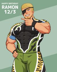 Rule 34 | 1boy, bara, black shirt, blonde hair, blue eyes, bulge, character name, covered abs, covered navel, cowboy shot, dated, eyepatch, facial hair, goatee, green shorts, hand on own hip, happy birthday, highres, large pectorals, male focus, muscular, pectorals, ramon (kof), shirt, short hair, shorts, sideburns, solo, the king of fighters, tight clothes, tight shirt, vert cypres
