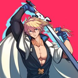 Rule 34 | 1boy, abs, blue gloves, coat, cutting hair, fingernails over gloves, gloves, guilty gear, guilty gear strive, highres, holding, holding sword, holding weapon, kuangren k, ky kiske, pectoral cleavage, male focus, manly, muscular, overcoat, partially fingerless gloves, pectorals, plunging neckline, short hair, skin tight, solo, sword, uniform, weapon
