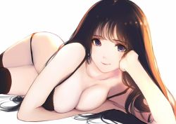 Rule 34 | 1girl, arm across chest, backlighting, black bra, black hair, black panties, black thighhighs, blunt bangs, bra, breasts, caidychen, check commentary, cleavage, closed mouth, commentary request, hand on own face, head rest, large breasts, long hair, looking at viewer, lying, on side, original, panties, purple eyes, simple background, smile, solo, thighhighs, underwear, underwear only, very long hair, white background