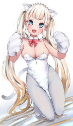 Rule 34 | 1girl, :d, animal ears, animal hands, blonde hair, blue eyes, blush, bow, bowtie, breasts, cleavage, commentary request, detached collar, extra ears, full body, gloves, head tilt, highres, kneeling, kohe billialot, large breasts, leotard, long hair, looking at viewer, maid headdress, open mouth, original, pantyhose, paw gloves, red bow, red bowtie, smile, solo, strapless, strapless leotard, tail, tiger ears, tiger tail, very long hair, white leotard, white pantyhose