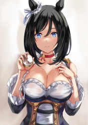 Rule 34 | 1girl, absurdres, animal ears, black hair, blue eyes, breasts, choker, cleavage, closed mouth, commentary request, eishin flash (umamusume), frilled shirt, frilled sleeves, frills, hair between eyes, hair ornament, hair ribbon, hands up, highres, holding, holding pocket watch, horse ears, horse girl, large breasts, looking at viewer, medium hair, pocket watch, ribbon, shirt, smile, solo, sweat, uchida shou, umamusume, upper body, watch, wet