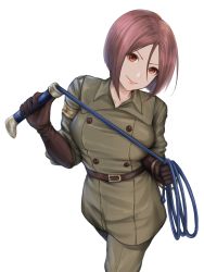 Rule 34 | 1girl, bob cut, breasts, brown eyes, brown hair, closed mouth, gloves, highres, kurone rinka, looking at viewer, military, military uniform, short hair, simple background, snk, solo, the king of fighters, uniform, whip, whip (kof), white background
