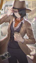 Rule 34 | 1boy, black hair, black pants, black vest, brown coat, brown hat, camera, closed mouth, coat, commentary, cowboy shot, hair over one eye, hat, highres, holding, holding notepad, long sleeves, male focus, newspaper, notepad, open clothes, open coat, pants, pen, peruru, purple eyes, shirt, short hair, smile, solo, super danganronpa another 2, vest, white shirt, yomiuri nikkei