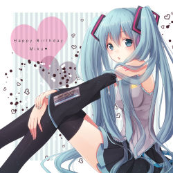 Rule 34 | 1girl, :o, aqua eyes, aqua hair, bad id, bad pixiv id, bare shoulders, black thighhighs, blue eyes, character name, detached sleeves, happy birthday, hatsune miku, heart, long hair, looking at viewer, necktie, nunucco, open mouth, sitting, skirt, solo, thighhighs, thighs, twintails, very long hair, vocaloid, zettai ryouiki