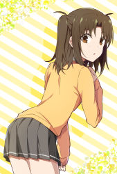 Rule 34 | 1girl, azami masurao, brown eyes, brown hair, cardigan, commentary request, grey skirt, highres, long hair, long sleeves, looking at viewer, miniskirt, parted bangs, pleated skirt, school uniform, skirt, sleeves past wrists, solo, tsukihime, tsukihime (remake), two side up, uniform, yellow cardigan, yumizuka satsuki