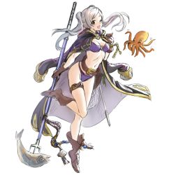 Rule 34 | 1girl, athenawyrm, bikini, bikini under clothes, boots, brown footwear, brown gloves, cloak, fire emblem, fire emblem awakening, fire emblem heroes, fish, fishing net, gloves, jacket, jacket on shoulders, looking at viewer, navel, nintendo, o-ring, o-ring bikini, octopus, official alternate costume, polearm, robin (female) (fire emblem), robin (fire emblem), silver hair, simple background, smile, solo, stomach, swimsuit, thigh strap, trident, twintails, weapon, white background