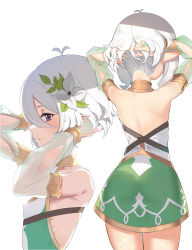 Rule 34 | 1girl, absurdres, arms behind head, arms up, bare back, bare shoulders, breasts, commentary, detached sleeves, dress, flower, from behind, hair flower, hair ornament, hands in hair, highres, kokkoro (princess connect!), maza kisuke, multiple views, nape, pointy ears, princess connect!, profile, purple eyes, short hair, simple background, small breasts, sweat, white background, white hair