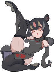 Rule 34 | 1girl, animal ears, aye-aye (kemono friends), bare shoulders, black dress, black hair, black thighhighs, china dress, chinese clothes, dress, extra ears, highres, kemono friends, kunikuni (kunihiro2005), long hair, looking at viewer, monkey girl, monkey tail, ninja, red eyes, shoes, shuriken, simple background, solo, tail, thighhighs, weapon