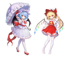Rule 34 | 2girls, absurdres, akelp, arm up, ascot, back bow, bat wings, blonde hair, blue hair, bow, buttons, chinese commentary, closed mouth, collared shirt, commentary request, crystal, flandre scarlet, frilled shirt collar, frilled skirt, frilled sleeves, frilled umbrella, frills, full body, hat, hat bow, hat ribbon, head tilt, highres, holding, holding umbrella, large bow, long hair, looking at viewer, mary janes, mob cap, multicolored wings, multiple girls, no shoes, one side up, puffy short sleeves, puffy sleeves, purple umbrella, red ascot, red bow, red eyes, red footwear, red ribbon, red skirt, red vest, remilia scarlet, ribbon, second-party source, shirt, shoes, short sleeves, siblings, simple background, sisters, skirt, skirt set, sleeve ribbon, thighhighs, touhou, umbrella, vest, white background, white bow, white headwear, white shirt, white skirt, white thighhighs, wings, wrist cuffs, yellow ascot