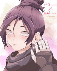 Rule 34 | 1girl, animification, apex legends, black gloves, black hair, black scarf, blush, earrings, flower earrings, gloves, grey eyes, hair behind ear, hair bun, highres, jewelry, looking at viewer, niyamu, no pupils, nose piercing, piercing, portrait, scarf, single hair bun, solo, wraith (apex legends)