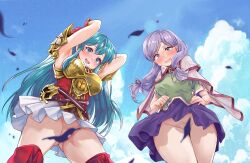 Rule 34 | 2girls, :o, absurdres, aqua hair, armor, armpits, arms up, blue eyes, blue sky, blush, breastplate, cape, cloud, cloudy sky, commission, convenient censoring, eirika (fire emblem), falling leaves, fire emblem, fire emblem: path of radiance, fire emblem: the sacred stones, from below, full-face blush, gloves, gluteal fold, green shirt, hair ribbon, highres, ilyana (fire emblem), leaf, long hair, looking down, low twintails, miniskirt, multiple girls, nintendo, no panties, pixiv commission, purple eyes, purple hair, purple skirt, red gloves, red shirt, ribbon, ru roiroiro, shirt, skirt, sky, teeth, twintails, upskirt, very long hair, wavy mouth, white skirt, wind, wind lift