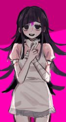 Rule 34 | 1girl, :d, apron, bandaged arm, bandages, black eyes, black hair, blood, blood on face, blush, breasts, collared shirt, cowboy shot, danganronpa (series), danganronpa 2: goodbye despair, hands up, highres, hoge (n8sss), long hair, looking at viewer, nurse, open mouth, pink background, pink shirt, puffy short sleeves, puffy sleeves, shirt, short sleeves, sketch, skirt, small breasts, smile, solo, sweatdrop, teeth, tsumiki mikan, upper teeth only
