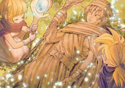 Rule 34 | 1girl, 2boys, belt, blonde hair, blue cloak, blunt bangs, bow, child, cloak, closed eyes, commentary request, dragon quest, dragon quest v, dress, father and daughter, father and son, from above, gloves, grass, green bow, hair bow, hero&#039;s daughter (dq5), hero&#039;s son (dq5), hero (dq5), highres, holding, holding staff, kneeling, long hair, low ponytail, magic, mouyi, multiple boys, outdoors, petrification, pink cloak, short hair, siblings, spiked hair, staff, statue, twins, white dress, white gloves