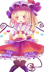 Rule 34 | 1girl, ascot, black thighhighs, blonde hair, blush, flandre scarlet, hat, heart, hiyuu (hiyualice), laevatein, mob cap, open mouth, red eyes, ribbon, short hair, short sleeves, side ponytail, skirt, solo, thighhighs, touhou, vest, wavy mouth, wings