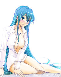 Rule 34 | 10s, 1girl, akame ga kill!, aqua eyes, aqua hair, bed, bed sheet, blue eyes, blue hair, blush, breasts, cleavage, colored eyelashes, dress shirt, esdeath, highres, large breasts, legs, long hair, long sleeves, looking at viewer, matching hair/eyes, naked shirt, no bra, on bed, open clothes, open mouth, open shirt, shirt, simple background, sitting, smile, solo, stitched, syuka-yb, tattoo, thighs, third-party edit, unbuttoned, very long hair, white background