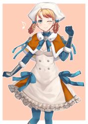 Rule 34 | 1girl, ;), annette fantine dominic, blue bow, blue eyes, blue gloves, blue pantyhose, bow, braid, braided hair rings, breasts, capelet, cleavage, closed mouth, covered navel, cowboy shot, dress, fire emblem, fire emblem: three houses, fire emblem warriors: three hopes, fur-trimmed capelet, fur trim, gloves, hand up, hat, highres, long sleeves, medium hair, musical note, nintendo, official alternate costume, official alternate hairstyle, one eye closed, orange capelet, orange hair, pantyhose, pink background, simple background, small breasts, smile, solo, standing, white dress, yui (msy1302mana)