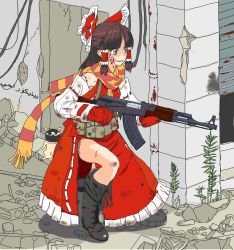 Rule 34 | 1girl, ak-47, arabic text, assault rifle, bad id, bad pixiv id, benikurage (cookie), black footwear, blood, blood on face, boots, bow, brown eyes, brown hair, bruise, bullet hole, cat, commentary request, cookie (touhou), detached sleeves, frilled bow, frills, full body, gloves, gun, hair bow, hakurei reimu, highres, holding, holding gun, holding weapon, injury, isis (terrorist group), kalashnikov rifle, looking afar, manatsu no yo no inmu, medium hair, mittens, miura cat, necktie, open mouth, orange scarf, pai kebon baa, parted bangs, pouch, red bow, red gloves, red scarf, red shirt, red skirt, ribbon-trimmed sleeves, ribbon trim, rifle, rubble, scarf, shirt, skirt, sleeveless, sleeveless shirt, smile, striped clothes, striped scarf, touhou, translation request, weapon, yellow neckwear