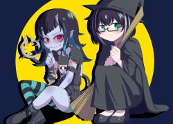 Rule 34 | 2girls, alternate costume, animare, black-framed eyewear, black dress, black footwear, black hair, black thighhighs, blue hair, blue thighhighs, blush, boots, breasts, broom, closed mouth, commentary request, demon girl, demon horns, demon tail, dress, eye of providence, flat chest, full body, glasses, green eyes, halloween, halloween costume, hat, highres, holding, holding broom, horns, long hair, looking at viewer, multicolored hair, multiple girls, nanashi inc., official alternate costume, oura rukako, pale skin, pointy ears, rectangular eyewear, red eyes, rokusuke nonaka, semi-rimless eyewear, shishio chris, shishio chris (3rd costume), short hair, sitting, small breasts, squatting, stitches, streaked hair, striped clothes, striped thighhighs, sugar lyric, tail, thighhighs, torn clothes, torn dress, two-tone hair, under-rim eyewear, virtual youtuber, white hair, witch, witch hat, zombie, zombification
