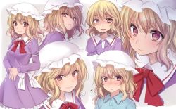 Rule 34 | &gt;:(, 1girl, alternate costume, asa (coco), blonde hair, blue shirt, blush, collared shirt, dress, embarrassed, expressions, eyebrows, frilled sleeves, frills, frown, hat, light smile, long hair, long sleeves, looking at viewer, maribel hearn, mob cap, multiple views, neck ribbon, open mouth, own hands clasped, own hands together, puffy long sleeves, puffy short sleeves, puffy sleeves, purple dress, purple eyes, red ribbon, ribbon, serious, shirt, short sleeves, sidelocks, smile, touhou, v-shaped eyebrows, wavy hair