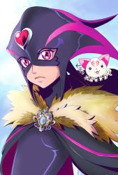 Rule 34 | 10s, 1girl, amawa kazuhiro, black bodysuit, bodysuit, cure muse, cure muse (black), eyelashes, face, frown, heart, highres, hummy (suite precure), magical girl, mask, precure, purple eyes, shawl, shirabe ako, solo, suite precure