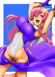 Rule 34 | 1girl, armpits, arms up, blue eyes, breasts, covered navel, covered erect nipples, gloves, gundam, gundam seed, gundam seed destiny, hair ornament, highleg, highleg leotard, highres, impossible clothes, impossible leotard, large breasts, leotard, long hair, looking at viewer, meer campbell, open mouth, pink hair, purple leotard, smile, solo, star (symbol), star hair ornament, thong leotard, wantsupanchi!!, white leotard
