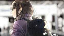 Rule 34 | 1girl, absurdres, backpack, bag, black bag, blurry, blurry background, brown eyes, brown hair, chromatic aberration, commentary, english commentary, highres, long hair, looking away, maeda mic, original, portrait, purple sweater, signature, solo, sweater