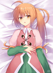 Rule 34 | 1girl, antenna hair, artist logo, bed sheet, brown hair, collared dress, commentary request, dress, from above, hair between eyes, hair ornament, hairclip, highres, lanoria halvis, layered sleeves, long hair, long sleeves, looking at viewer, mahcdai, orange eyes, original, parted lips, pink dress, ponytail, puffy short sleeves, puffy sleeves, short over long sleeves, short sleeves, solo, upper body