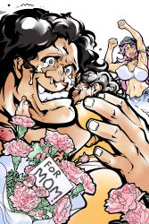 Rule 34 | 1boy, 2girls, bad id, bad pixiv id, black hair, bouquet, breasts, capcom, carnation, crying, crying with eyes open, curly hair, extra, final fight, fist pump, flower, happy tears, hat, highres, hug, hugo andore, large breasts, long hair, midriff, mother&#039;s day, mother and son, multiple girls, peaked cap, pink hair, poison (final fight), size difference, snot, street fighter, street fighter iii (series), tank top, tears, usuiken