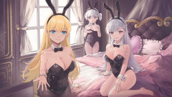 Rule 34 | 3girls, absurdres, animal ears, azur lane, bare legs, bare shoulders, barefoot, bed, bed sheet, belfast (azur lane), black legwear, black neckwear, blonde hair, blue eyes, bow, bowtie, braid, breasts, choker, cleavage, closed mouth, collarbone, commentary request, covered navel, curtains, detached collar, fake animal ears, french braid, grey eyes, grin, heart, heart-shaped pillow, highres, indoors, large breasts, leotard, little bel (azur lane), long hair, looking at viewer, medium hair, multiple girls, north carolina (azur lane), on bed, pantyhose, pillow, playboy bunny, rabbit ears, side ponytail, sidelocks, silver hair, sitting, sleeveless, small breasts, smile, standing, teeth, very long hair, window, wrist cuffs, yinghuahua, yokozuwari